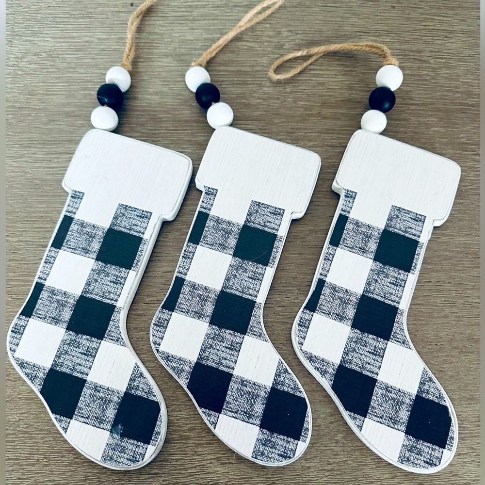 Christmas Buffalo Plaid Wood Beaded Holiday Stocking Ornaments Lot
